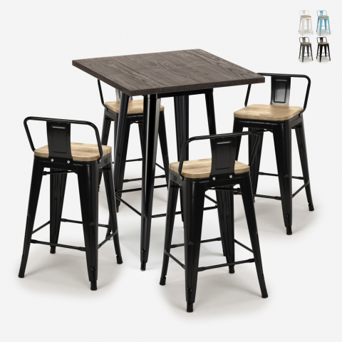 ensemble 4 tabourets style Lix table 60x60cm bar bois métal industriel rough black Promotion