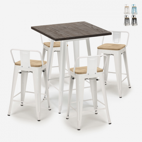 ensemble table 60x60cm 4 tabourets style bar design industriel rough white Promotion