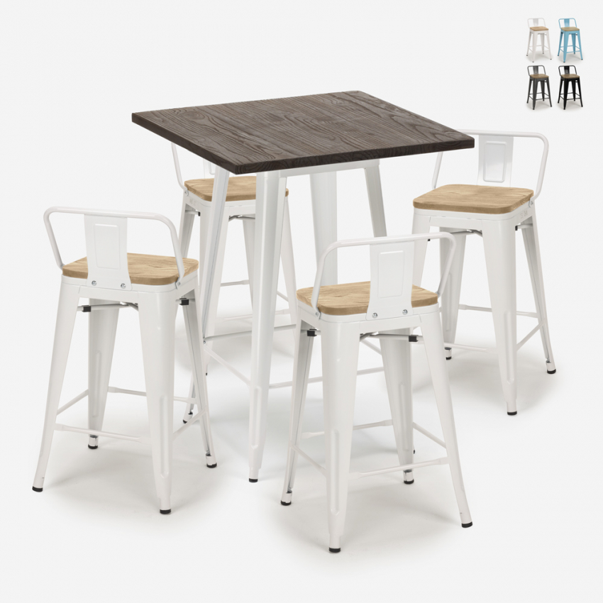 Ensemble table de bar 60x60cm design industriel tolix 4 tabourets Rough White