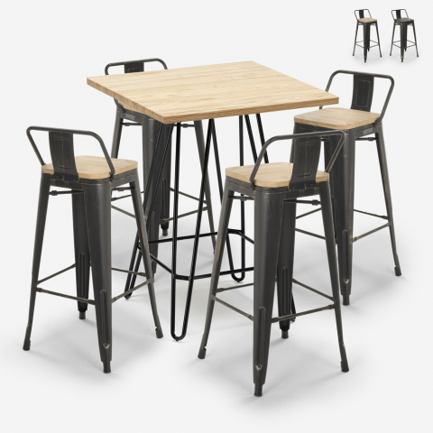 ensemble 4 tabourets vintage style Lix table haute 60x60cm bar industriel rhodes Promotion