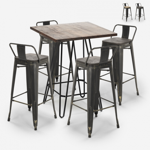 ensemble table haute 60x60cm 4 tabourets vintage bar industriel rhodes noix Promotion