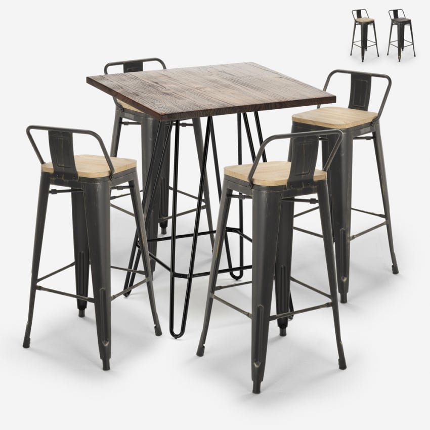 ensemble table haute 60x60cm 4 tabourets Lix vintage bar industriel rhodes noix Vente