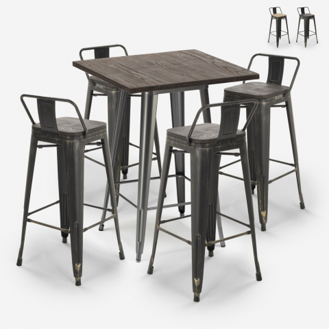 Ensemble Table Haute 60x60cm 4 Tabourets style Tolix Bar Métal Design Vintage Axel Promotion