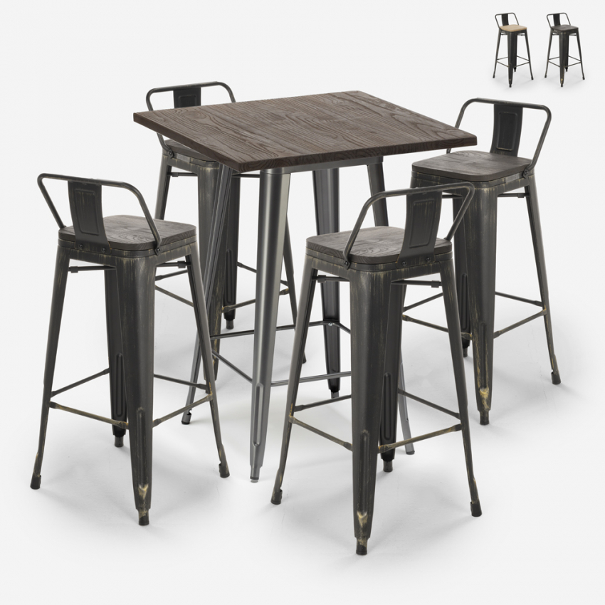Ensemble table mange-debout 60x60cm 4 tabourets métal design vintage tolix Axel