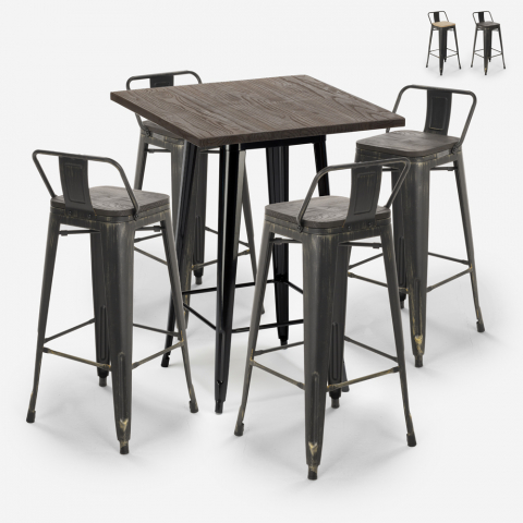 ensemble 4 tabourets bois métal style Lix vintage bar table haute 60x60cm axel black Promotion