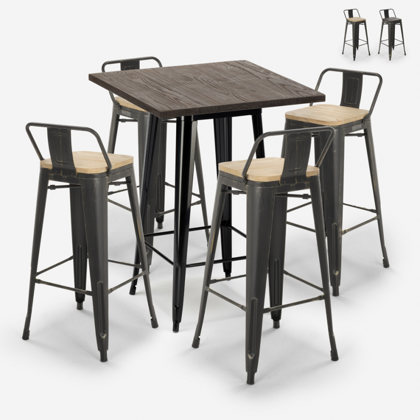 ensemble 4 tabourets bois métal style vintage bar table haute 60x60cm axel black Vente ensemble 4 tabourets bois métal style vintage bar table haute 60x60cm axel black Vente