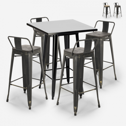 ensemble 4 tabourets vintage style et table haute noire 60x60cm industriel rush black Promotion