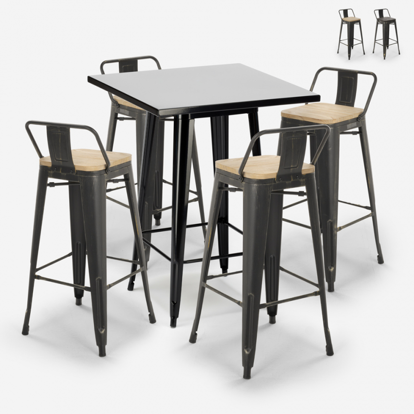 ensemble 4 tabourets vintage style et table haute noire 60x60cm industriel rush black Vente ensemble 4 tabourets vintage style et table haute noire 60x60cm industriel rush black Vente