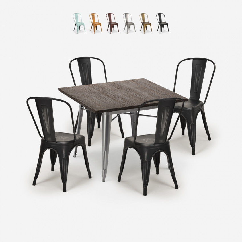 ensemble table à manger 80x80cm et 4 chaises vintage industriel design style cuisine restaurant burton Réductions