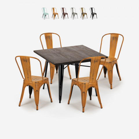 ensemble 4 chaises style Lix vintage table à manger 80x80cm bois métal burton black Promotion