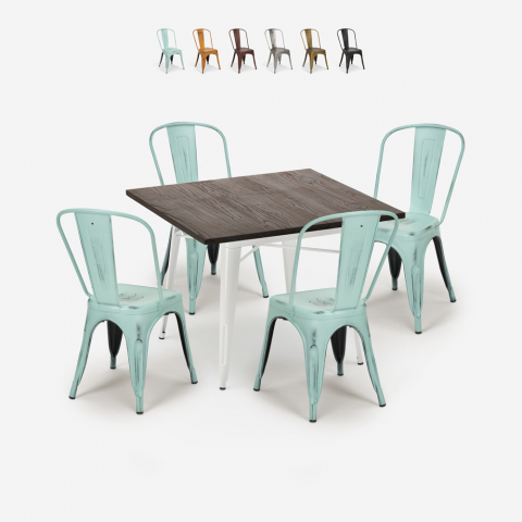 Ensemble Table 80x80cm et 4 Chaises Style Tolix Cuisine Restaurant Industriel Burton White Promotion