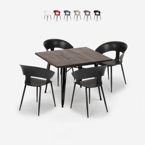 Ensemble 4 Chaises Table Carrée 80x80cm Tolix Design Industriel Reeve Black