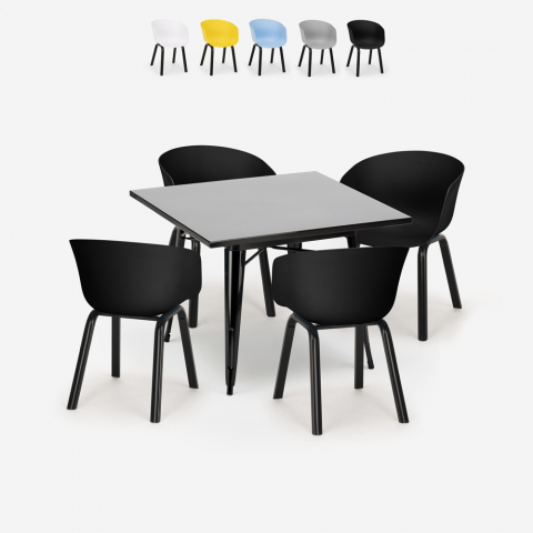 Ensemble Table Carrée 80x80cm Métal et 4 Chaises Design Moderne Krust Dark