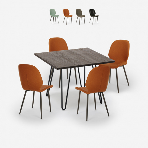 Ensemble 1 Table 80x80cm Industriel et 4 Chaises Design Simili Cuir Cuisine Bar Wright Dark