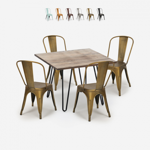 Ensemble de 4 Chaises de Style Tolix Vintage et 1 Table 80x80cm Industriel Cuisine Hedges