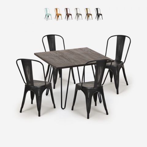 ensemble table carrée 80x80cm bois métal 4 chaises vintage style Lix hedges dark Promotion