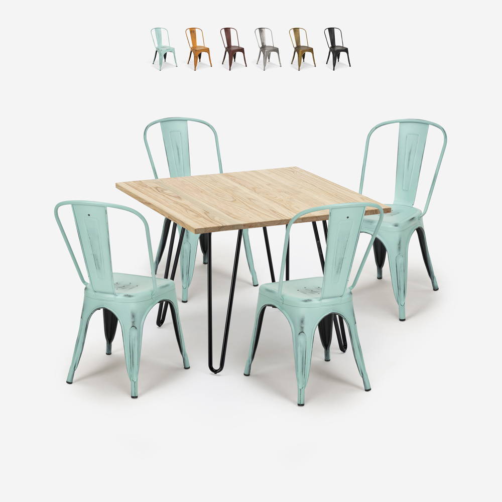 ensemble table 80x80cm métal bois 4 chaises vintage de style bar cuisine hedges light