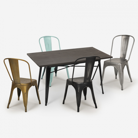 Ensemble Table 120x60cm et 4 Chaises style Tolix Vintage Salle À Manger Industriel Lloyd Promotion