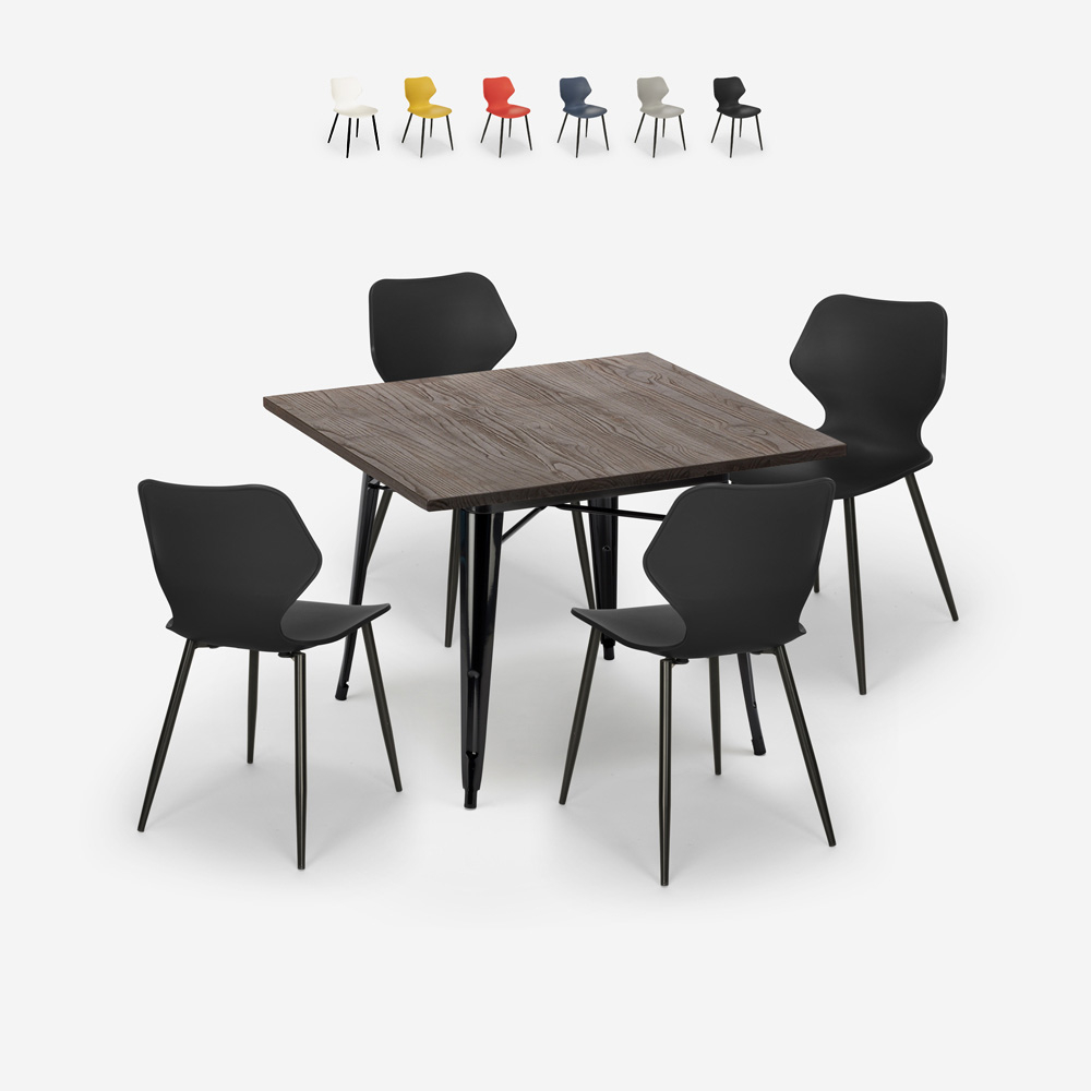 Ensemble 4 Chaises Polypropylène Table Carrée 80x80cm Métal Howe Dark