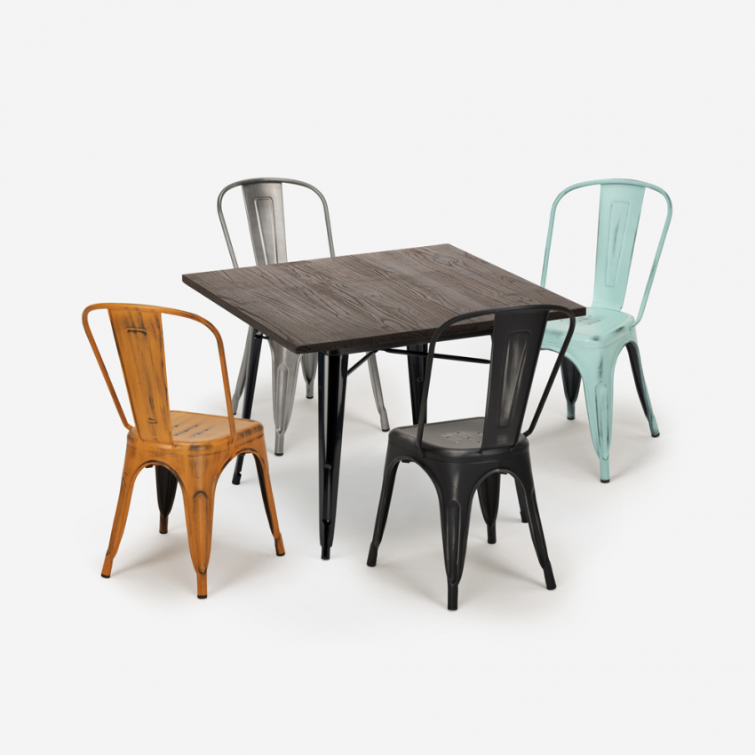 ensemble 4 chaises de style effet vintage et 1 table 80x80cm bois métal industriel dickson Offre ensemble 4 chaises de style effet vintage et 1 table 80x80cm bois métal industriel dickson Offre