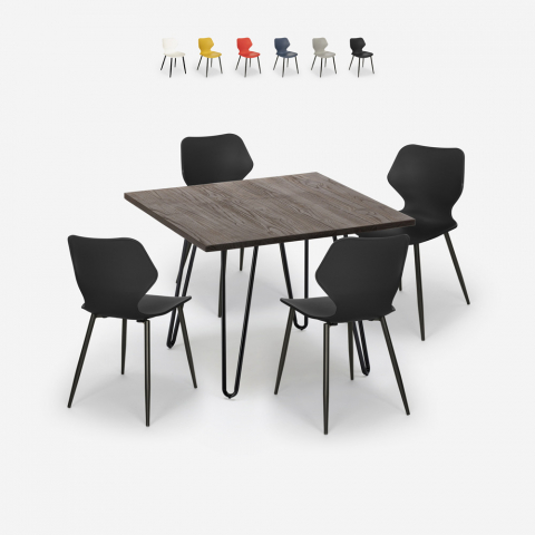 Ensemble 4 Chaises Design et 1 Table Carrée 80x80cm Bois Métal Sartis Dark