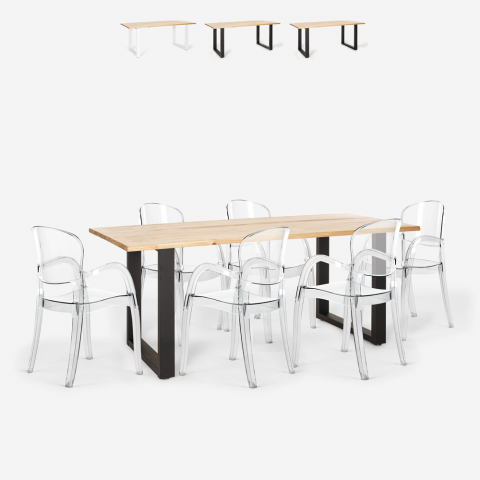 Ensemble 6 Chaises Transparentes Polycarbonate et Table 180x80cm salon salle à manger style Industriel Jaipur L