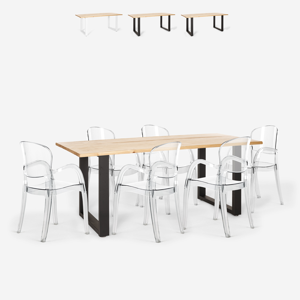 Ensemble 6 Chaises Transparentes Polycarbonate Table 180x80cm Industriel Jaipur L