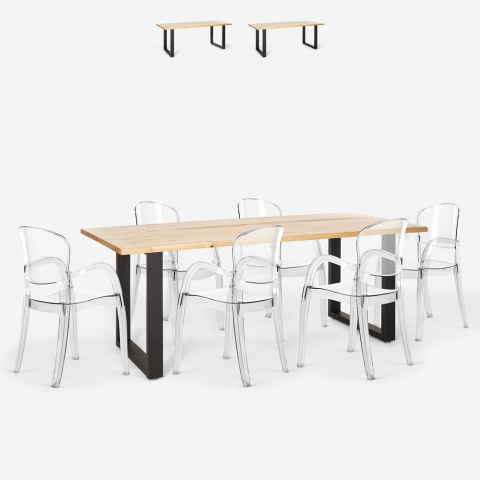 Ensemble Table 200x80cm Pieds En Fer 6 Chaises Transparentes Design Jaipur XL