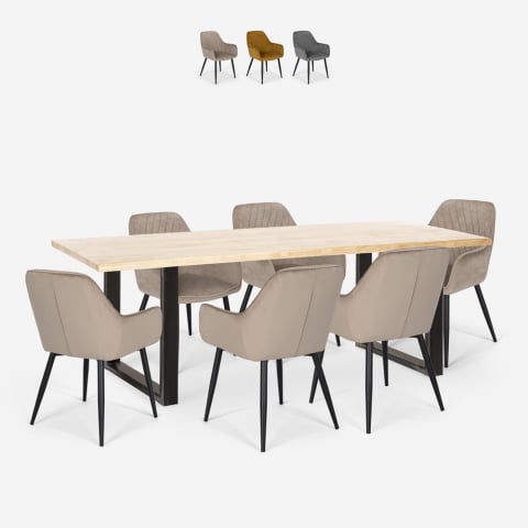 Ensemble 6 Chaises Velours Table 200x80cm Design Industriel Samsara XL2