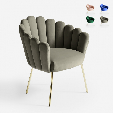 Fauteuil de salon en coquillage design moderne velours pieds dorés Calicis Promotion