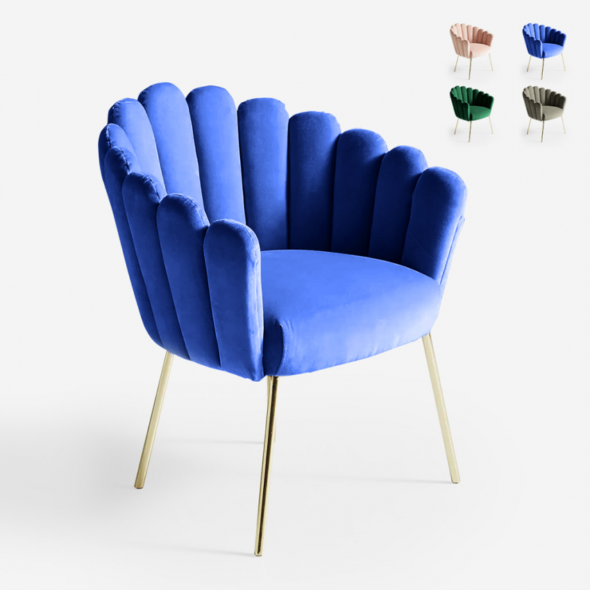 Fauteuil de salon en coquillage design moderne velours pieds dorés Calicis Fauteuil de salon en coquillage design moderne velours pieds dorés Calicis