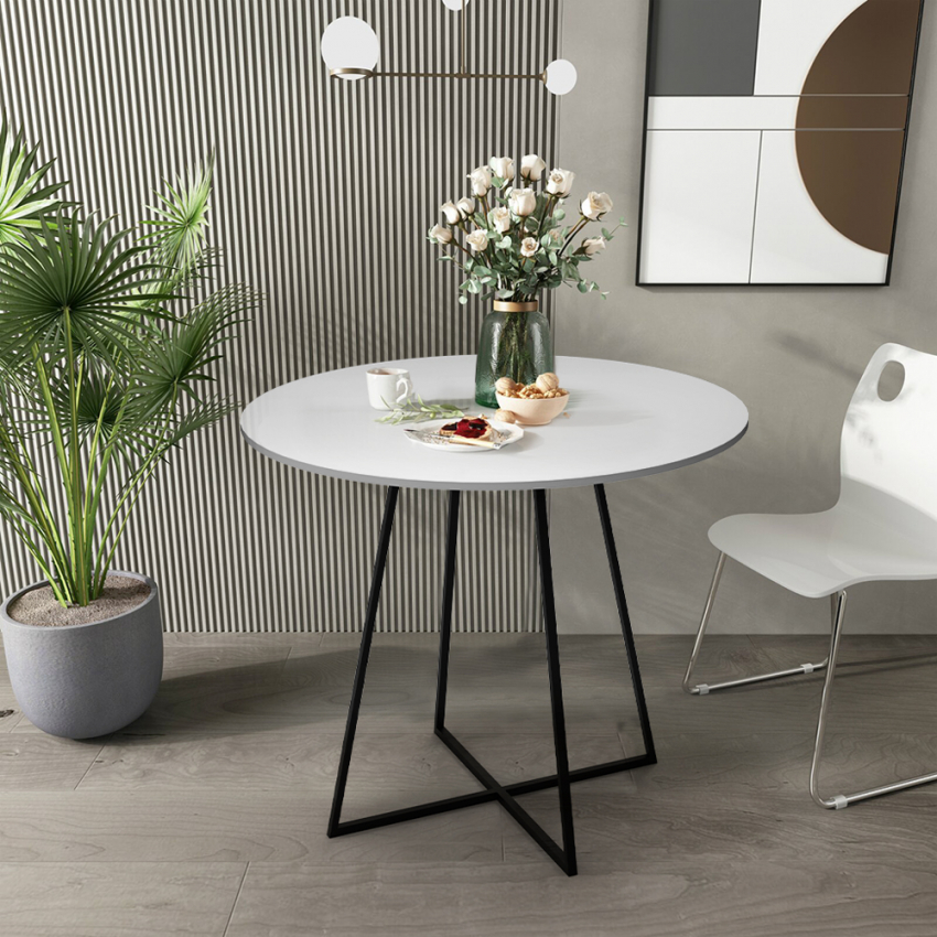 Table de salle à manger ronde moderne effet marbre blanc et pied