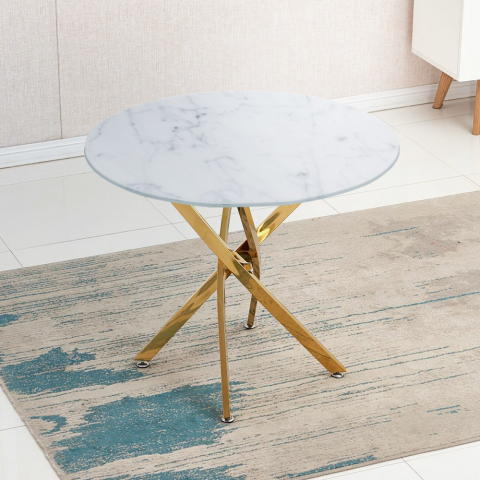 Table ronde 100cm de salon en verre trempé avec effet marbre et pieds dorés Aurum Promotion
