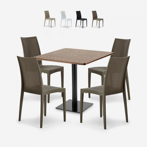 Ensemble Table Bois 90x90cm Horeca et 4 Chaises Empilables Poly RotinBar Restaurant Café Barrett Promotion