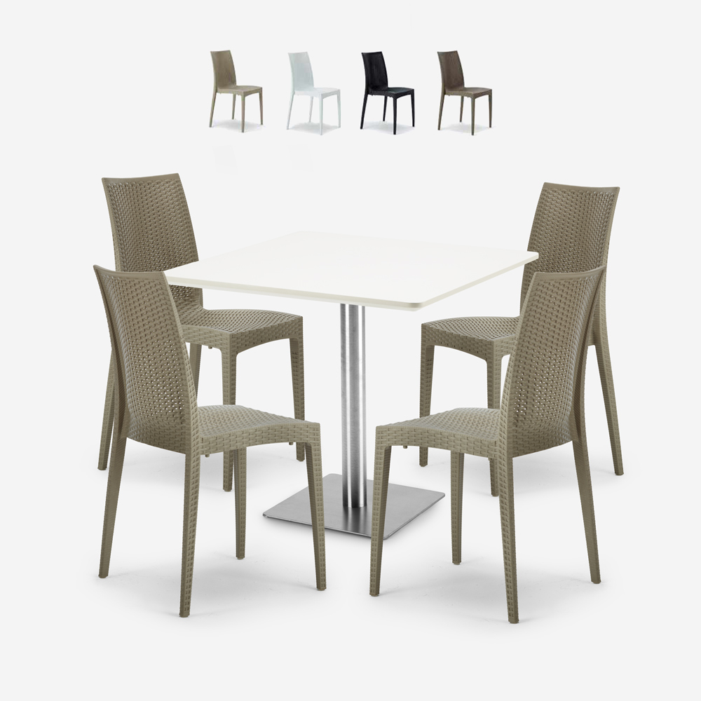 Ensemble Table 90x90cm Blanche Horeca et 4 Chaises Empilables Poly Rotin Bar Restaurant Café Barrett White