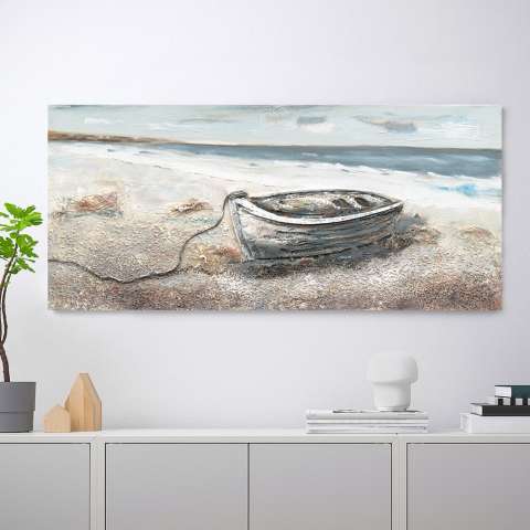 Tableau paysage mer nature peinte à la main sur toile 110x50cm Boat Promotion