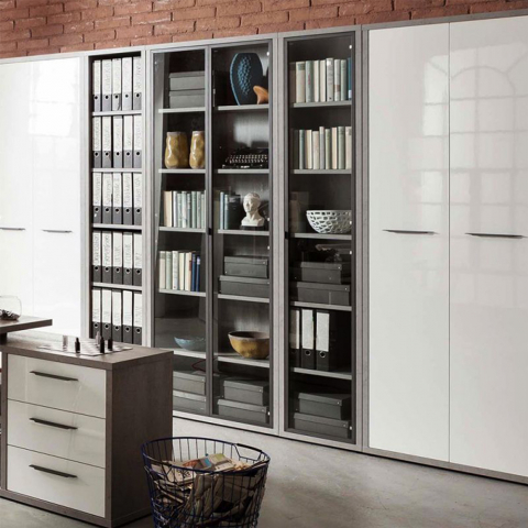 Bibliothèque en bois moderne avec 6 étagères en colonne couleur grise Hart Promotion