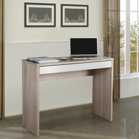 Bureau d'étude rectangulaire couleur chêne avec tiroir blanc 100x40cm Astra
