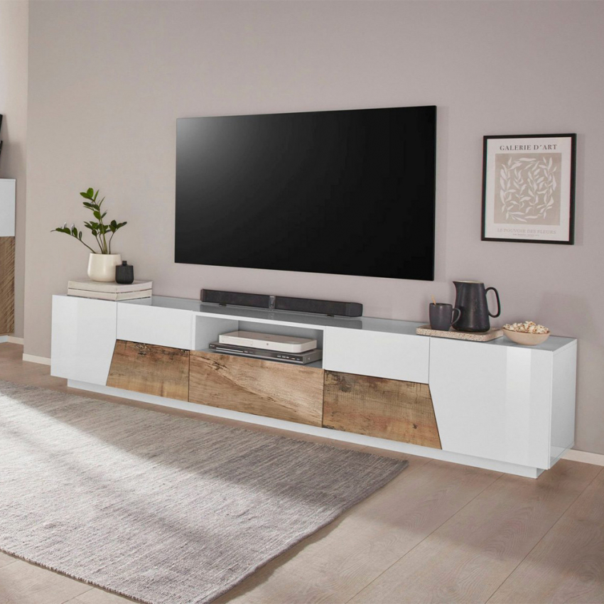 Meuble TV industriel bois blanchi 2 portes - Made in Meubles