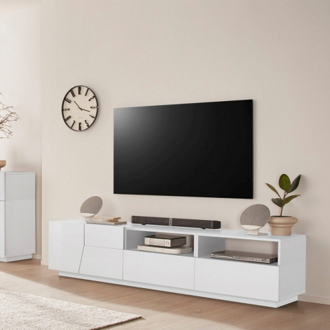 Meuble TV blanc brillant mur salon moderne 200x43cm Hatt Promotion