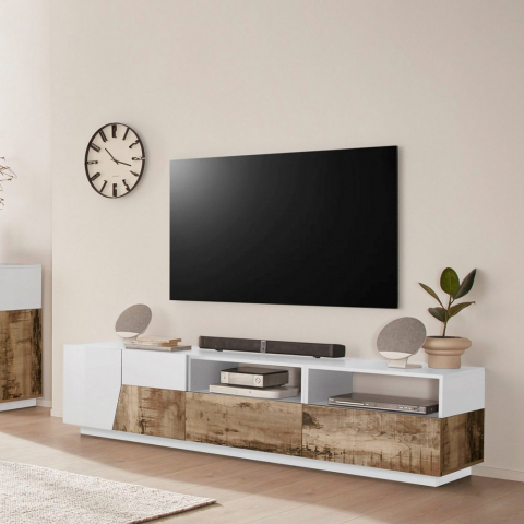 Meuble TV 200x43cm salon mur blanc bois moderne Hatt Wood