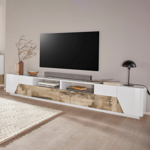 Meuble TV salon 260x43cm mur moderne bois blanc More Wood Promotion