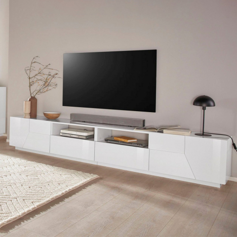 Meuble TV moderne 260x43cm mur de salon blanc brillant More