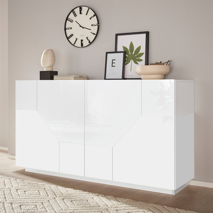 His Buffet 160x43cm 4 compartiments meuble cuisine salon design blanc