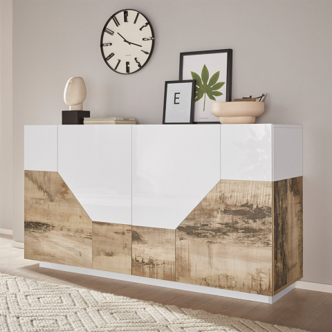 Buffet meuble salon 160x43cm 4 compartiments cuisine bois blanc His Wood