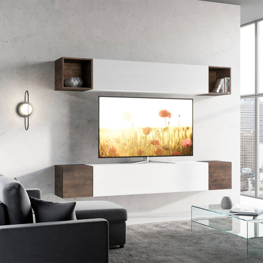 A38 Ensemble mural moderne suspendu salon meuble TV en bois blanc