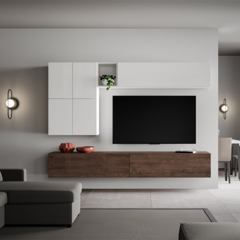 Système de mur TV de salon moderne suspendu en bois blanc A16