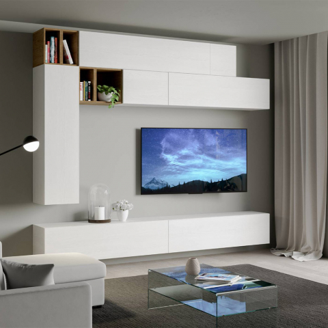 Unité murale de salon moderne meuble TV suspendu en bois blanc A106