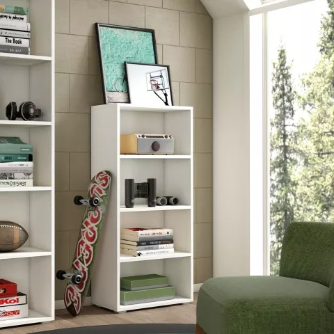 Bibliothèque design moderne bureau studio salon 4 compartiments blanc Promotion
