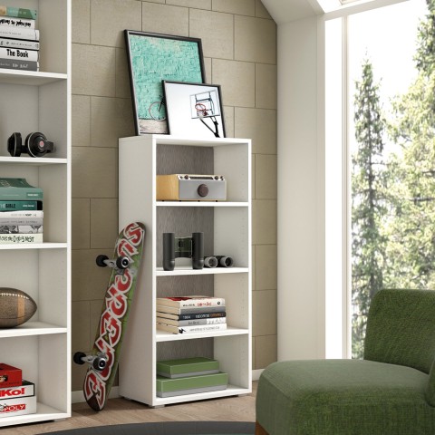 Bibliothèque bureau design moderne studio salon 4 compartiments blanc gris Promotion